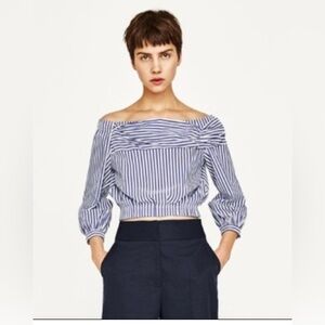2/$30 ZARA Striped Off Shoulder Cropped Blouse Ruched detail – Size Small